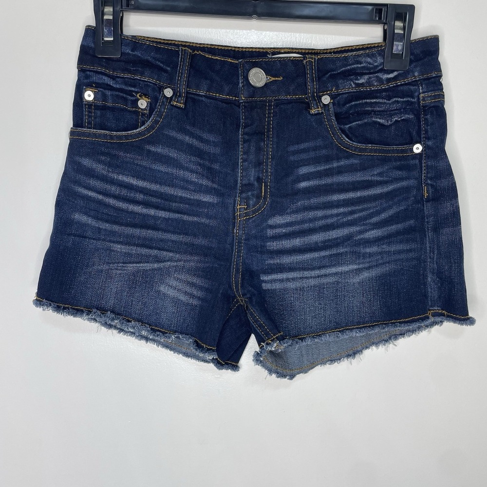INDIGO REIN Womens Dark Blue Denim Frayed Hem Mid Rise Shorts, Size 7, Whiskered